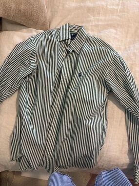 Ralph Lauren Green and White Striped Button-Down Shirt